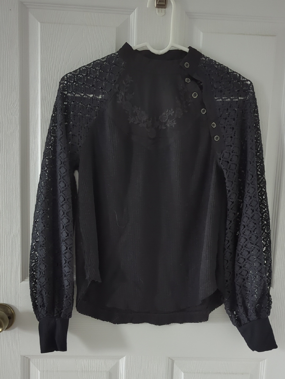 Free People Black Lace Long Sleeve Mock Neck Top - Picture 3 of 11